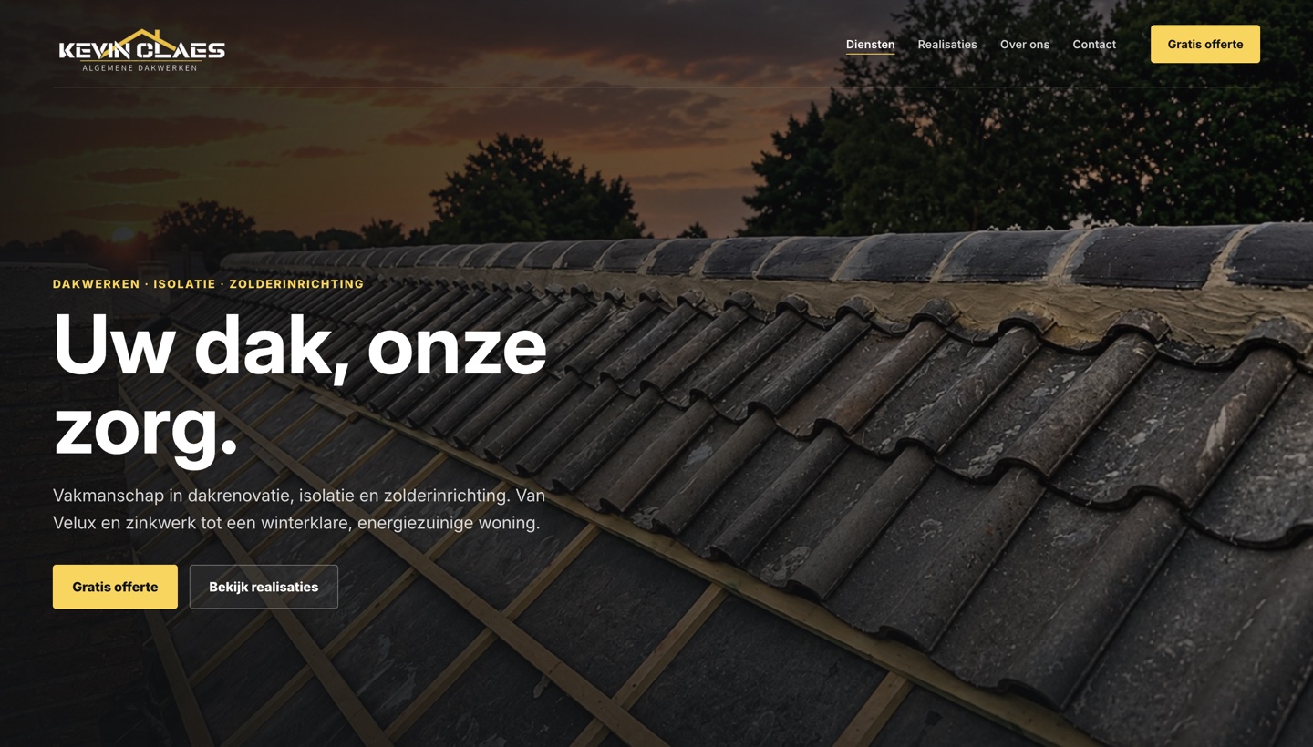 Website van Kevin Claes — Algemene Dakwerken, met een dakrenovatie in beeld